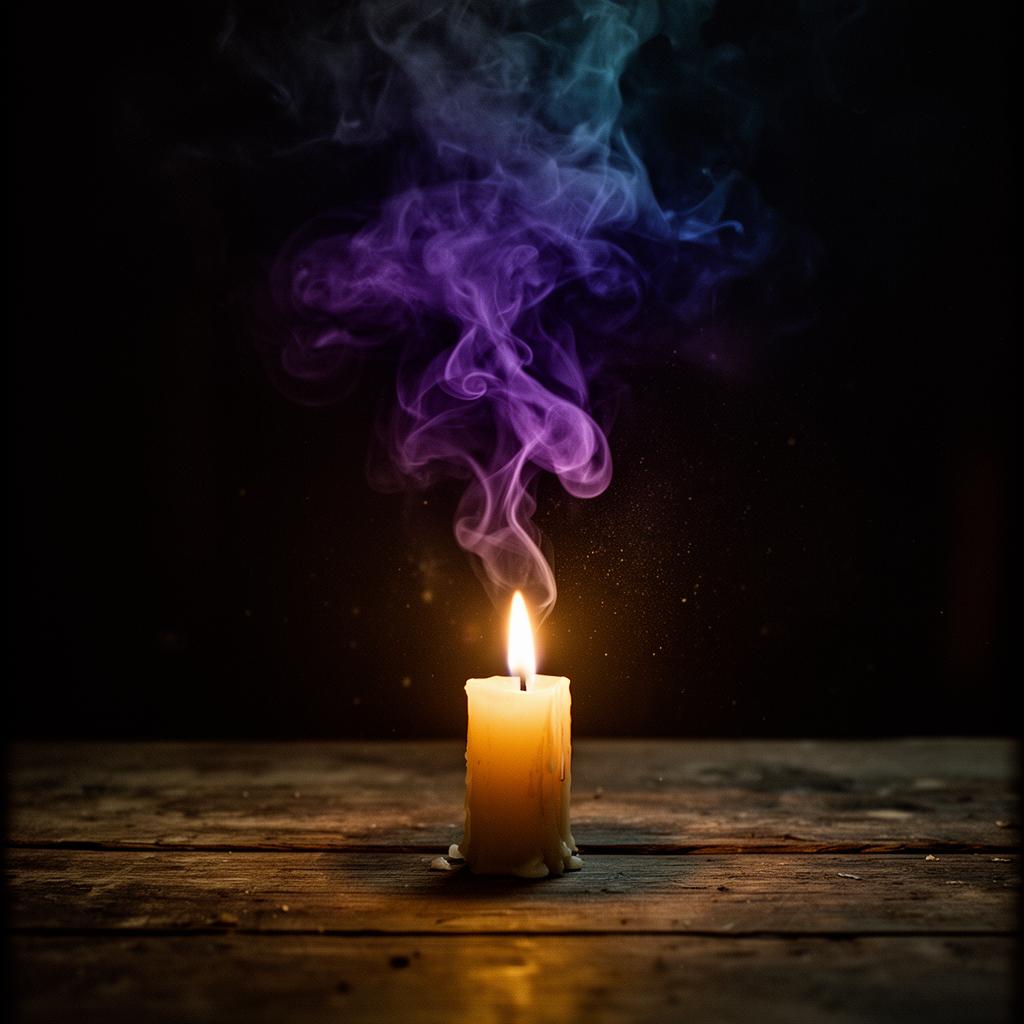 A candle below purple smoke forming a dark mystical threshold